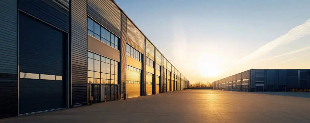 Logistiikkakeskuksen rakennukset auringonlaskun aikaan